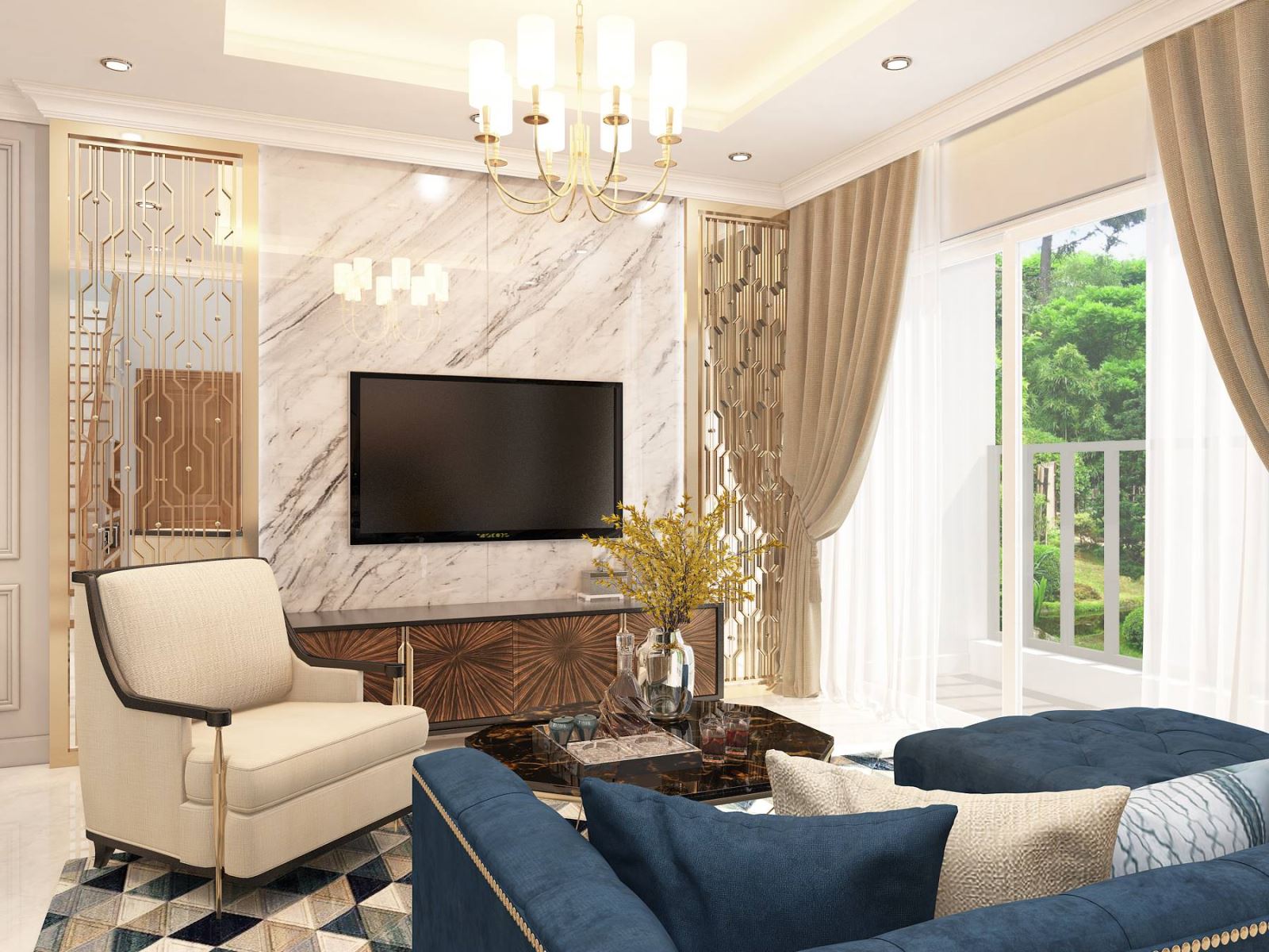 Với tone màu kết hợp hài hòa với đồ nội thất tạo nên không gian phòng khách thật sang trọng
